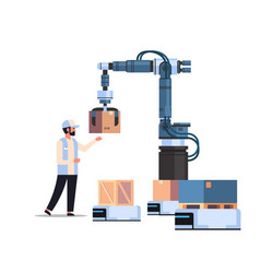 man engineer controlling robotic hand putting vector image