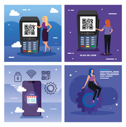 set poster scan code qr with icons vector image