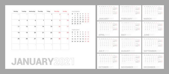 wall calendar template for 2021 year planner vector