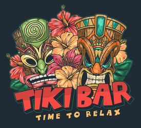 Tiki Masks & Tropical Flowers Vector Image