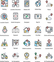 set of map and navigation flat icons vector