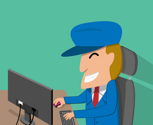 a man is happy while using the desktop computer vector image