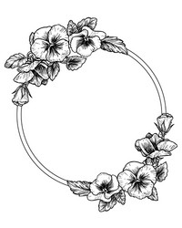 Frame with hand drawn pansy flowers vector