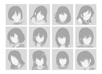 big set anime faces with hair flat gray vector