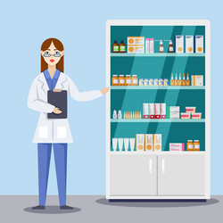 young female pharmacist showing medicines Vector Image