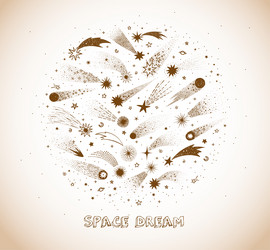 Doodle space and shooting stars in vintage style vector