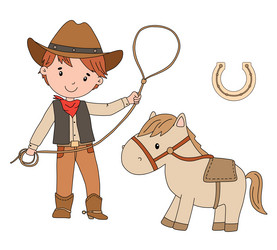 cowboy boy with lasso and horse cute childish vector