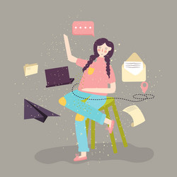 young woman sitting and working with laptop flat vector