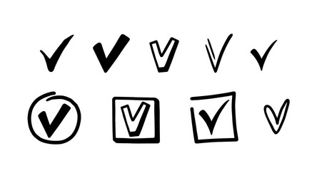 Black check mark set in hand drawn doodle style vector