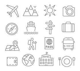 Travel Line Icons - Tourism & Vacation Vector Image