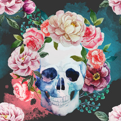 Watercolor Skull Floral Pattern Vector Image
