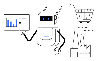 robot analyzing data with shopping and industrial vector image