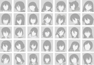 Big set anime faces with hair flat gray vector