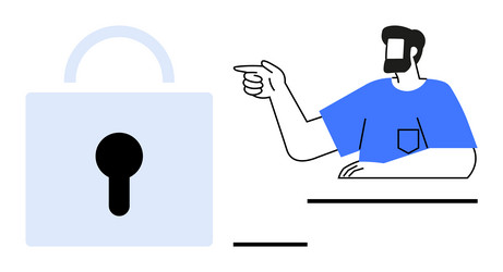 man pointing at large padlock highlighting vector image