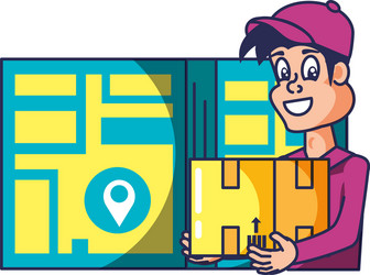 worker delivery service with box and map guide vector image