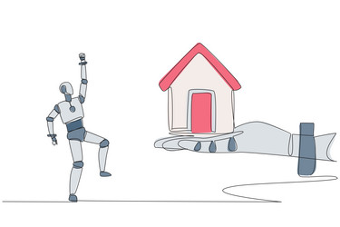 single continuous line drawing a robot excited vector image