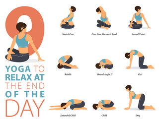 9 Yoga Poses for Relaxation Vector Image
