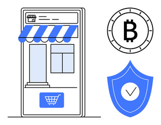online storefront with bitcoin and security shield vector image