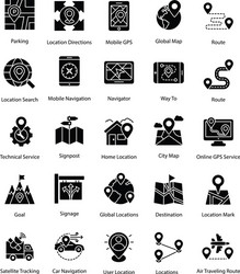 set of map and navigation glyph icons vector