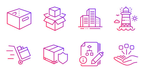Office box algorithm and lighthouse icons set vector