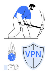 man mining cryptocurrency with pickaxe vpn shield vector image