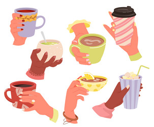 hands hold coffee cup or tea mug set people vector