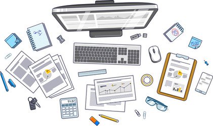 work desk workspace top view with pc computer vector image