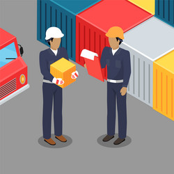 cargo worker and foreman talking in warehouse vector