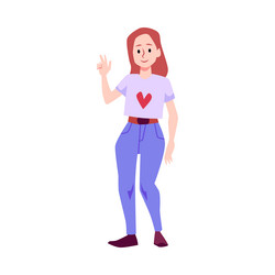 smiling teenager girl with heart print on t-shirt vector