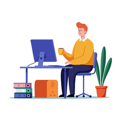 man working at computer desk with coffee cup vector image