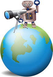 a robot with telescope above globe vector image