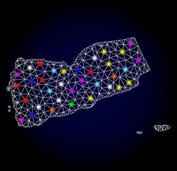 carcass mesh map of yemen with light spots vector