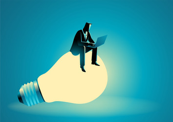 Businessman sitting on giant light bulb while vector