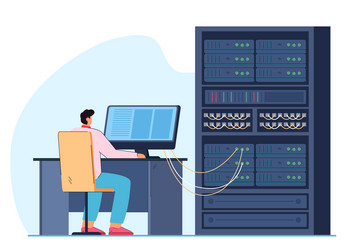 man engineer working on computer server rack vector image