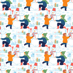 Happy kids make snowman on winter seamless pattern vector