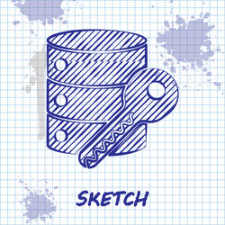 sketch line server security with key icon isolated vector image