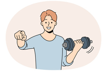 man with dumbbell point at screen vector image