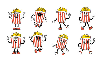 Cartoon retro popcorn bucket character vector