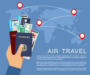 Hand holding airline tickets and passports air vector