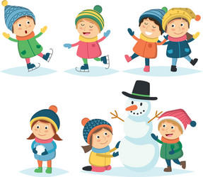 winter children set with different kids playing vector