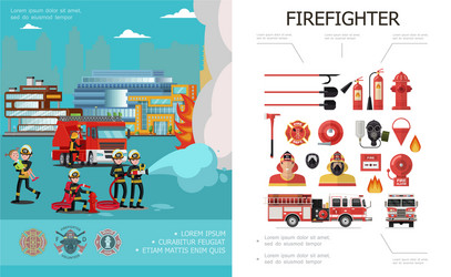 Flat set of firefighting items fireman Royalty Free Vector
