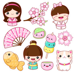 Kawaii Japanese Icons - Sakura & Food Vector Image