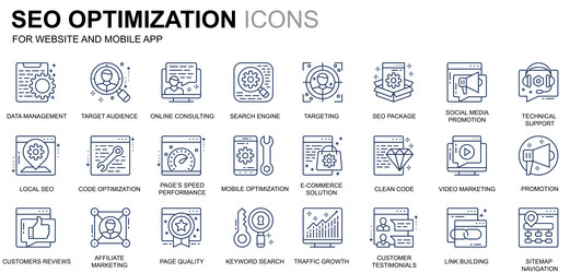 simple set seo and web optimization line icons vector