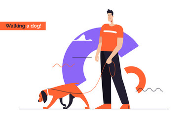 young smiling man walking a dog on leash flat vector