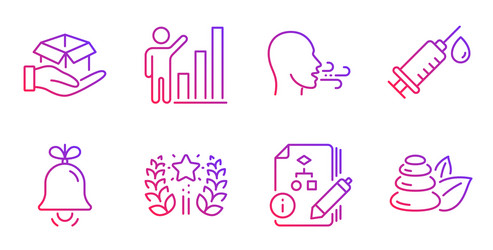 bell graph chart and medical syringe icons set vector