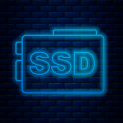 Glowing neon line ssd card icon isolated on brick vector