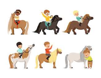 little boy and girl with pony horse riding Vector Image