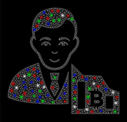 Bright mesh wire frame bitcoin trader with flare vector