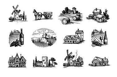 village scenery ink sketches vector