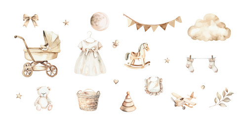 Newborn baby girl clipart set watercolor hand vector